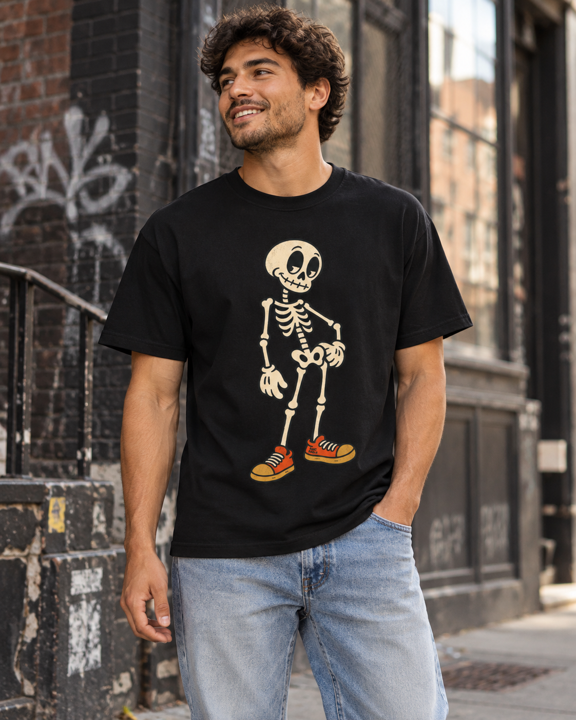 Model wearing the PHAT PHELLA Powder graphic tee in a gritty urban setting