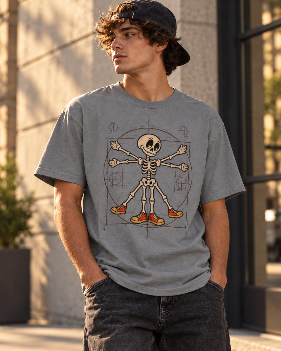 Model wearing the PHAT PHELLA He Went This Way Powder graphic tee in grey
