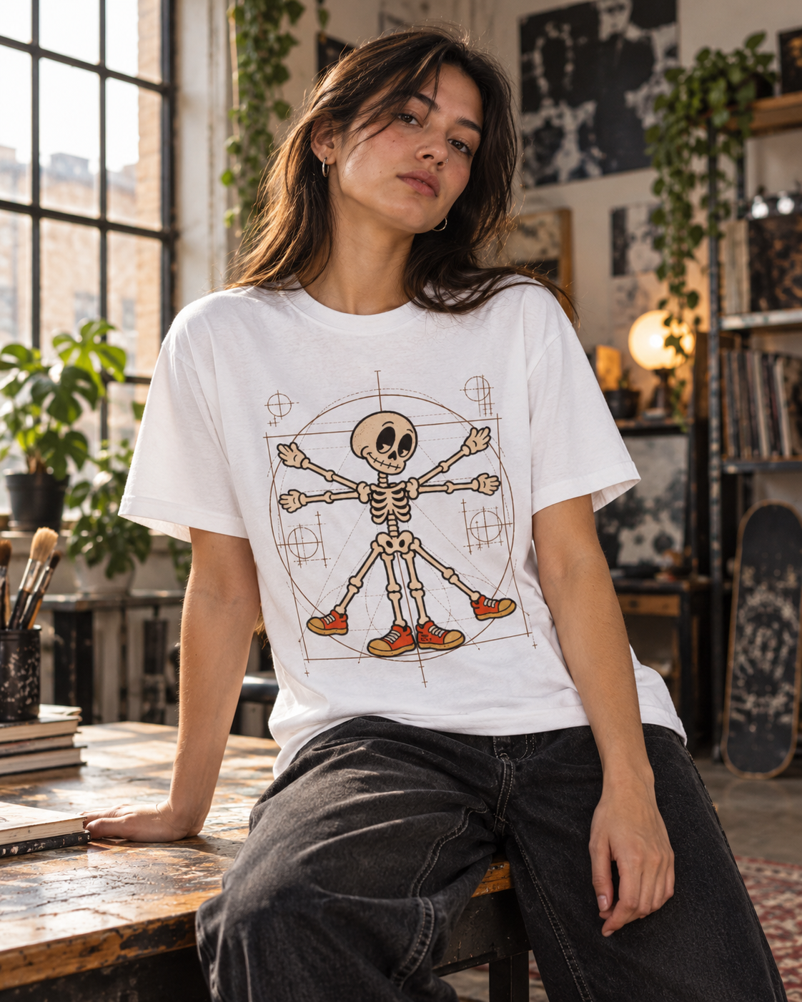 Model wearing the PHAT PHELLA He Went This Way Powder graphic tee in white